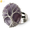 Natural Crystal Tree Of Life Adjustable Open Ring With White Plated Finish Minimalist Unisex Jewelry