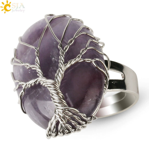 Natural Crystal Tree Of Life Adjustable Open Ring With White Plated Finish Minimalist Unisex Jewelry