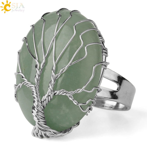 Natural Crystal Tree Of Life Adjustable Open Ring With White Plated Finish Minimalist Unisex Jewelry