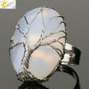 Natural Crystal Tree Of Life Adjustable Open Ring With White Plated Finish Minimalist Unisex Jewelry