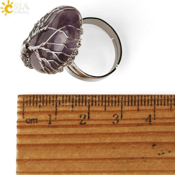 Natural Crystal Tree Of Life Adjustable Open Ring With White Plated Finish Minimalist Unisex Jewelry