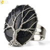 Natural Crystal Tree Of Life Adjustable Open Ring With White Plated Finish Minimalist Unisex Jewelry