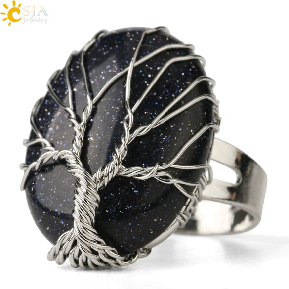 Natural Crystal Tree Of Life Adjustable Open Ring With White Plated Finish Minimalist Unisex Jewelry