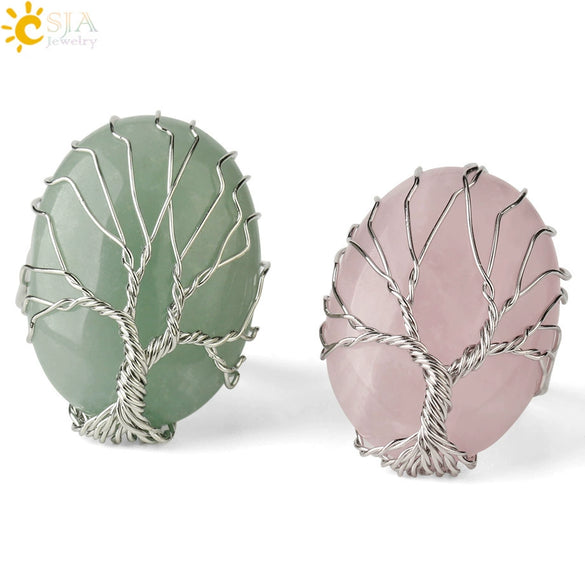 Natural Crystal Tree Of Life Adjustable Open Ring With White Plated Finish Minimalist Unisex Jewelry
