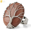 Natural Crystal Tree Of Life Adjustable Open Ring With White Plated Finish Minimalist Unisex Jewelry