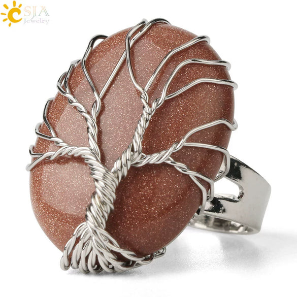 Natural Crystal Tree Of Life Adjustable Open Ring With White Plated Finish Minimalist Unisex Jewelry