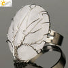 Natural Crystal Tree Of Life Adjustable Open Ring With White Plated Finish Minimalist Unisex Jewelry