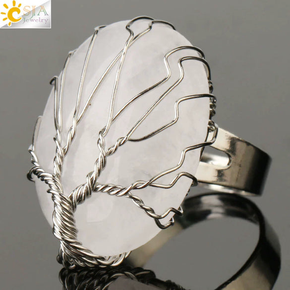 Natural Crystal Tree Of Life Adjustable Open Ring With White Plated Finish Minimalist Unisex Jewelry