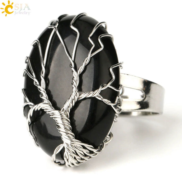 Natural Crystal Tree Of Life Adjustable Open Ring With White Plated Finish Minimalist Unisex Jewelry