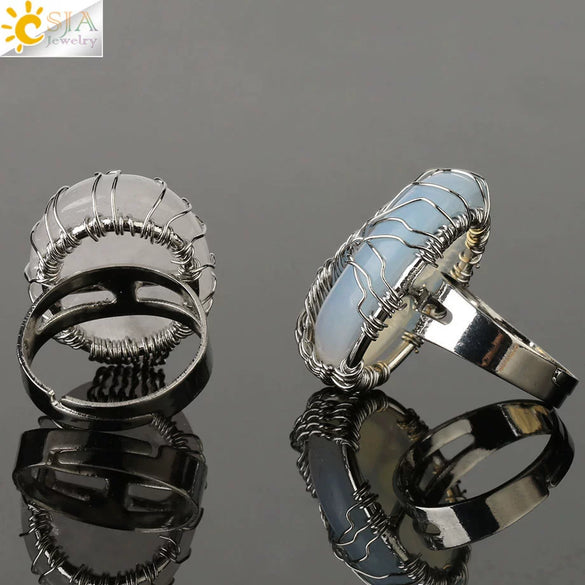 Natural Crystal Tree Of Life Adjustable Open Ring With White Plated Finish Minimalist Unisex Jewelry