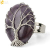 Natural Crystal Tree Of Life Adjustable Open Ring With White Plated Finish Minimalist Unisex Jewelry