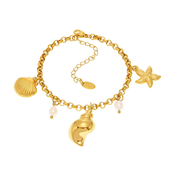 Natural Freshwater Pearl Conch Shell Bracelet And Anklet In 316L Stainless Steel With Geometric Pattern And Electroplating For Women In Marine Series