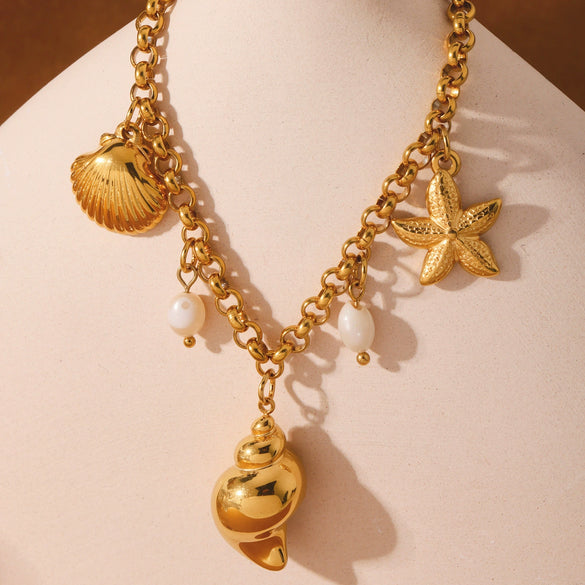Natural Freshwater Pearl Conch Shell Bracelet And Anklet In 316L Stainless Steel With Geometric Pattern And Electroplating For Women In Marine Series