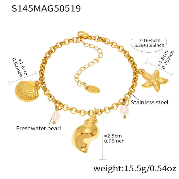 Natural Freshwater Pearl Conch Shell Bracelet And Anklet In 316L Stainless Steel With Geometric Pattern And Electroplating For Women In Marine Series