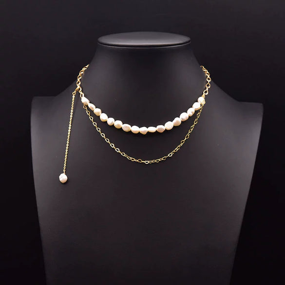 Natural Freshwater Pearl Double Layer Clavicle Chain With Geometric Design For Women Spring And Summer Jewelry Gift