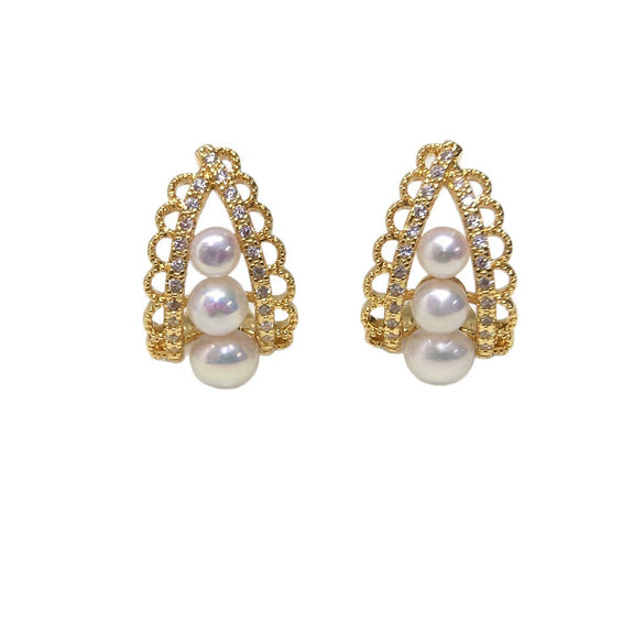 Natural Freshwater Pearl Earrings Alloy Inlaid With Artificial Gemstones And Semiprecious Stones Oblate And Flat Roundbun Round Shape French Retro Style For Women
