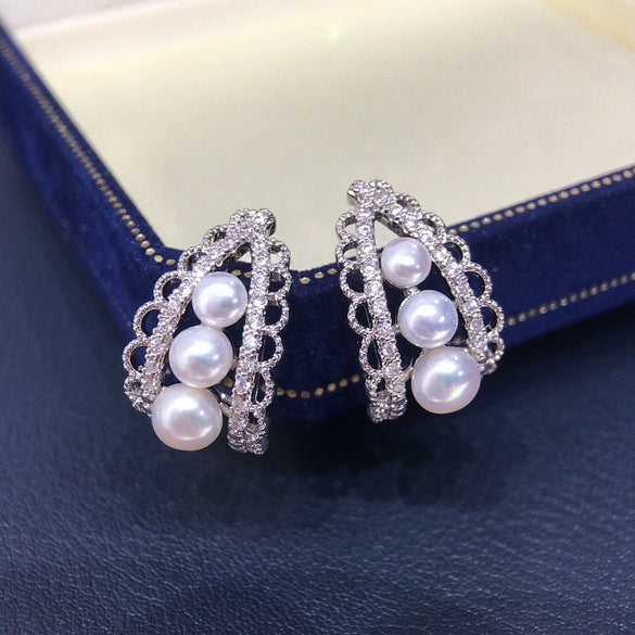 Natural Freshwater Pearl Earrings Alloy Inlaid With Artificial Gemstones And Semiprecious Stones Oblate And Flat Roundbun Round Shape French Retro Style For Women