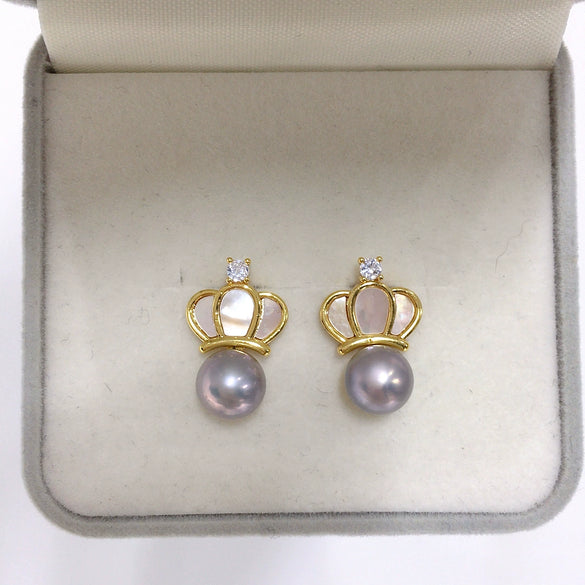 Natural Freshwater Pearl Earrings Feminine Exquisite Sea Shell Crown Style 18K Goldfilled Oblate Shape