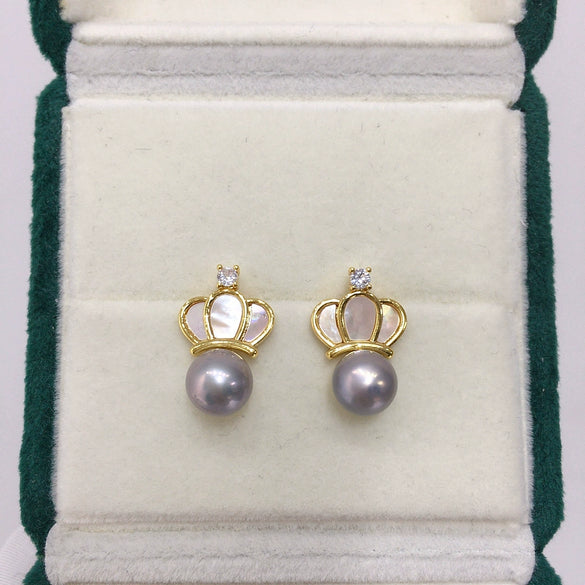 Natural Freshwater Pearl Earrings Feminine Exquisite Sea Shell Crown Style 18K Goldfilled Oblate Shape