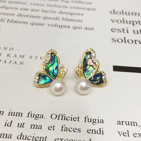 Natural Freshwater Pearl Earrings For Women Abalone Motherofpearl Butterfly Style With 18K Goldfilled Sterling Silver Needles Flat Round Shape