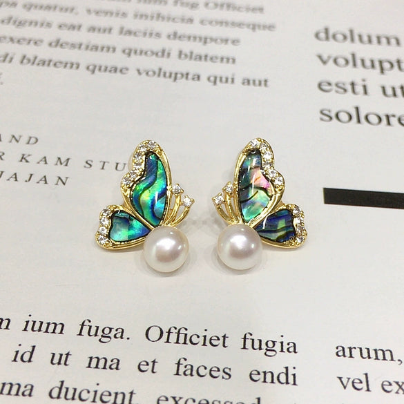 Natural Freshwater Pearl Earrings For Women Abalone Motherofpearl Butterfly Style With 18K Goldfilled Sterling Silver Needles Flat Round Shape