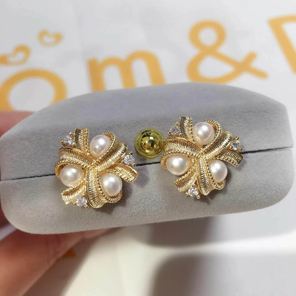 Natural Freshwater Pearl Earrings For Women Alloy Inlaid Artificial And Semiprecious Stones Flat Round And Oblate Shape