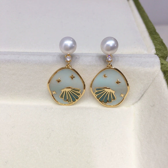 Natural Freshwater Pearl Earrings For Women Alloy Inlaid Artificial And Semiprecious Stones Ocean Star Cartoon Style Oblate Shape