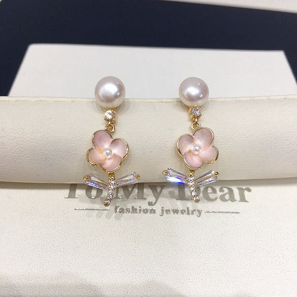 Natural Freshwater Pearl Earrings For Women Alloy Inlaid With Artificial Gemstones And Semiprecious Stones Oblate Flat Round Bun Round Shape