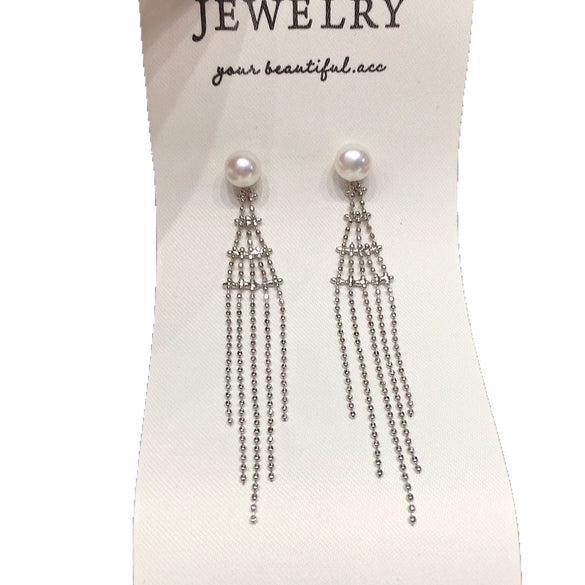 Natural Freshwater Pearl Earrings For Women Alloy Inlaid With Artificial Gemstones And Semiprecious Stones Oblate Style French Retro Tassel Bean Chain