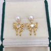 Natural Freshwater Pearl Earrings For Women Cute Bow Zircon Style Oblate Shape 18K Gold Colorpreserving