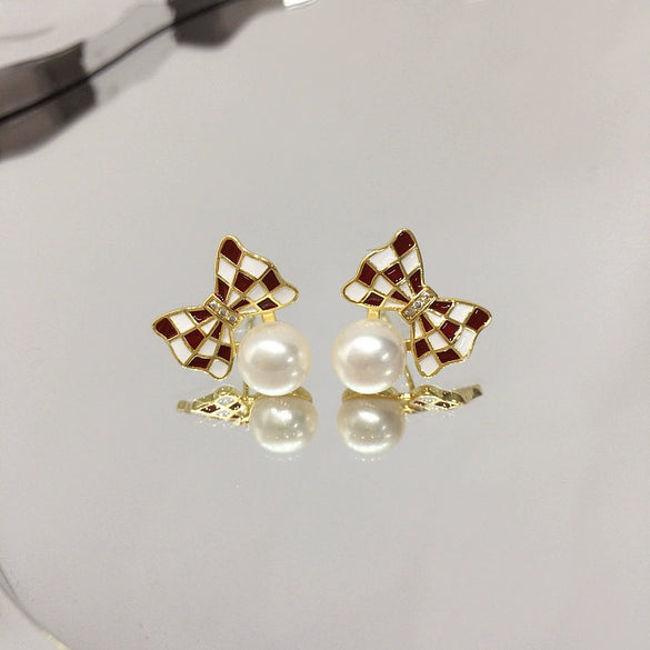 Natural Freshwater Pearl Earrings For Women Fashion Ribbon Bow Style With Alloy Inlaid Gemstones And Flat Round Pearls