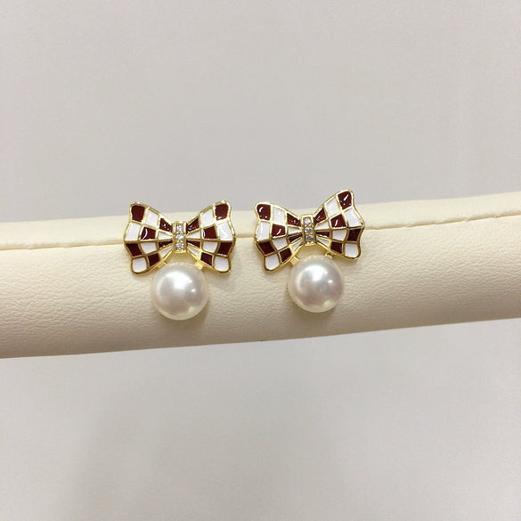 Natural Freshwater Pearl Earrings For Women Fashion Ribbon Bow Style With Alloy Inlaid Gemstones And Flat Round Pearls