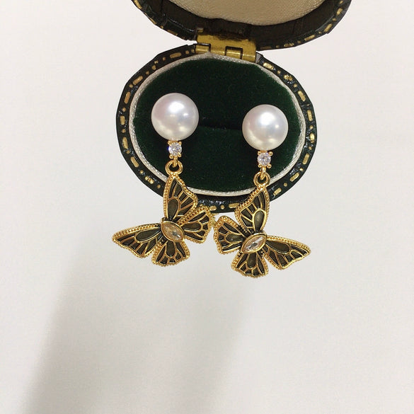 Natural Freshwater Pearl Earrings For Women French Vintage Retro Bronze Butterfly Shape Alloy Inlaid With Gemstones