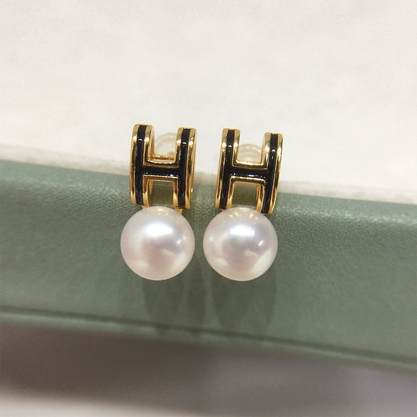 Natural Freshwater Pearl Earrings For Women S925 Sterling Silver Needle 18K Goldfilled Letter H Alloy Inlaid With Artificial And Semiprecious Stones Oblate Shape