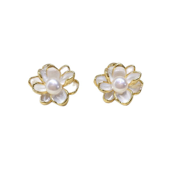 Natural Freshwater Pearl Earrings For Women S925 Sterling Silver Painted Goldedged Oblate Pearl Earrings Alloy Inlaid With Artificial Gemstones Semiprecious Stones