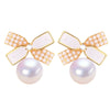 Natural Freshwater Pearl Earrings For Women With Oblate Shape And Korean Bow Design 18K Gold