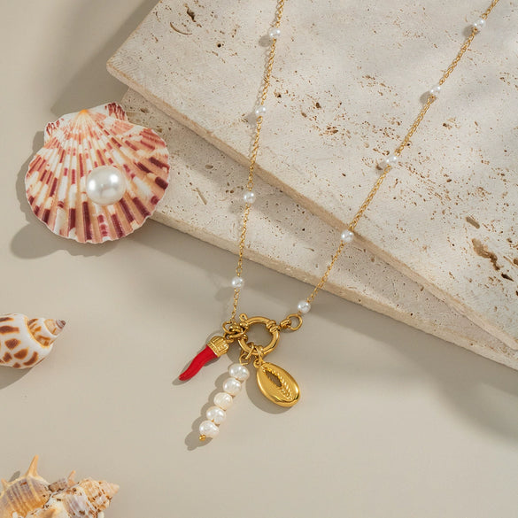 Natural Freshwater Pearl Necklace With Chili Crab Claw Pendant In Ocean Style Electroplated Geometric Shape Stainless Steel For Women