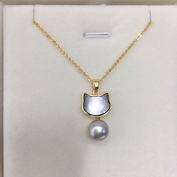 Natural Freshwater Pearl Pendant Jewelry With Sea Shell And Cat Design Copper Accessories