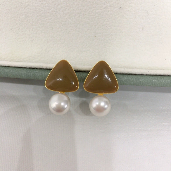 Natural Freshwater Pearl Women's Triangular S925 Sterling Silver 18K Goldfilled Earrings
