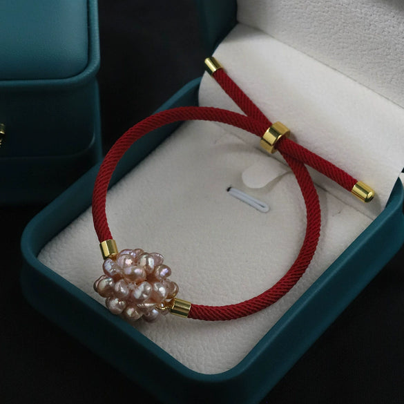 Natural Freshwater Purple Pearl Flower Ball Red Rope Knitted Women's Fashion Luck Bracelet
