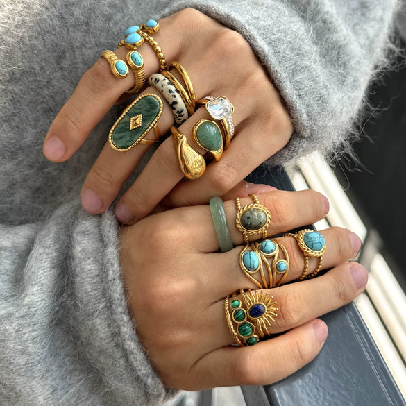 Natural Green Aventurine Geometric Stainless Steel Ring With Pvd Gold Plating For Women