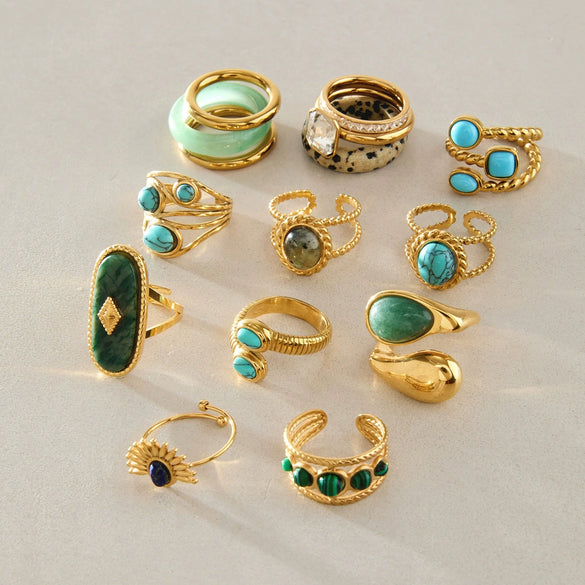 Natural Green Aventurine Geometric Stainless Steel Ring With Pvd Gold Plating For Women