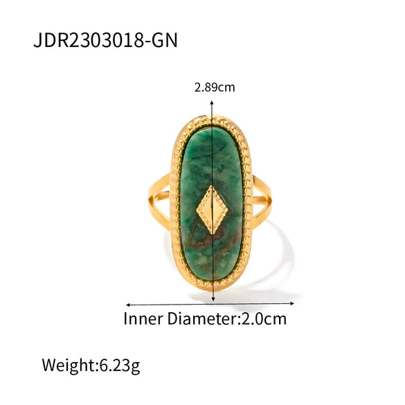 Natural Green Aventurine Geometric Stainless Steel Ring With Pvd Gold Plating For Women