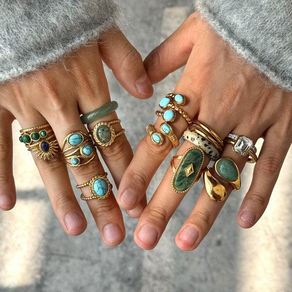 Natural Green Aventurine Geometric Stainless Steel Ring With Pvd Gold Plating For Women