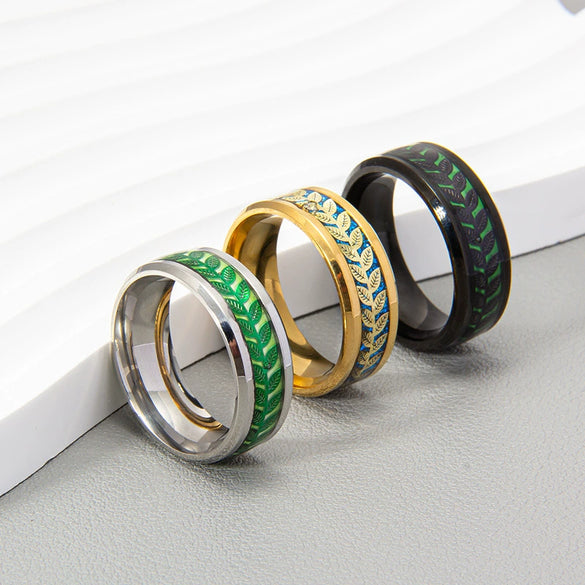 Natural Jewelry Stainless Steel Ring And Bracelet With Olive Leaf Shape And Dripping Oil Design