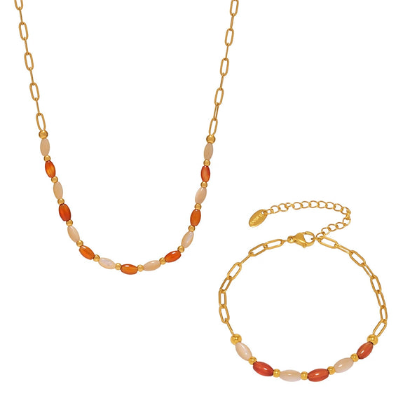 Natural Oval Agate Shell Steel Ball Clavicle Necklace And Bracelet For Girls In Stainless Steel With Electroplating Design