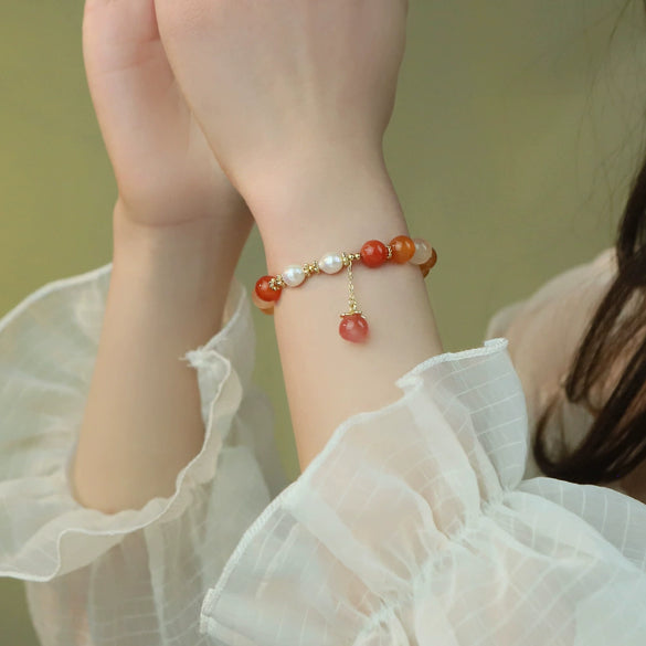 Natural Pearl And Yellow Agate Fruit Shaped Pendant Handmade Women's Bracelet