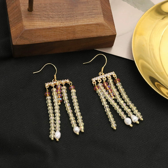 Natural Pearl Geometric Style 925 Silver Needle Tassel Earrings For Women