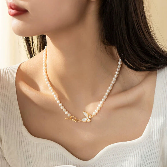 Natural Pearl Necklace With Mixed Gem Inlay Pendant For Female
