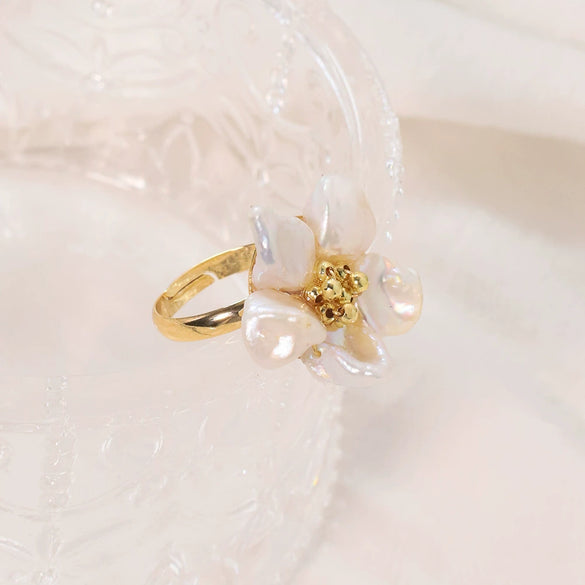 Natural Pearl Ring Retro Highend Flowers Light Luxury Elegant Jewelry